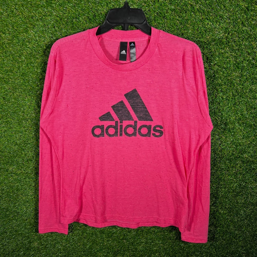 Adidas Womens Long Sleeve Graphic Tee Pink Speckled‎ Logo Shirt Large